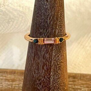 Dainty Gold Ring with Pink Baguette & Onyx Stones – Modern Minimalist